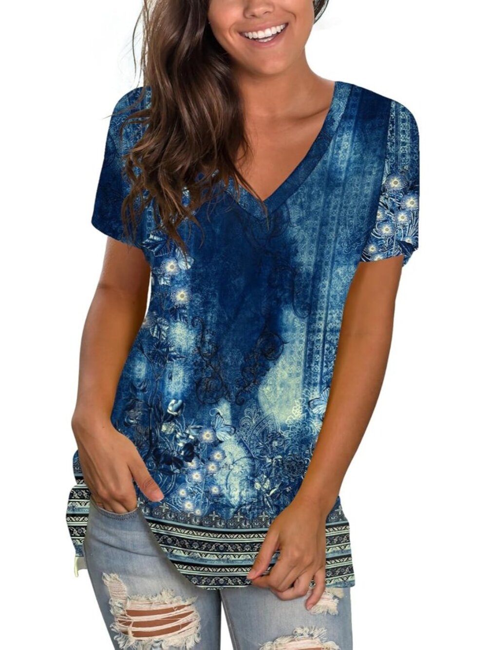 〽️Women Blue White V Neck Tee Loose Fitting Casual Short Sleeve Tops T Shirt